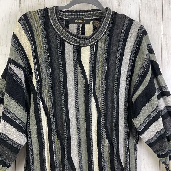 Vtg Bachrach Sweater Men’s L Black Gray Striped Textured Biggie Cosby 90s USA - Picture 4 of 9